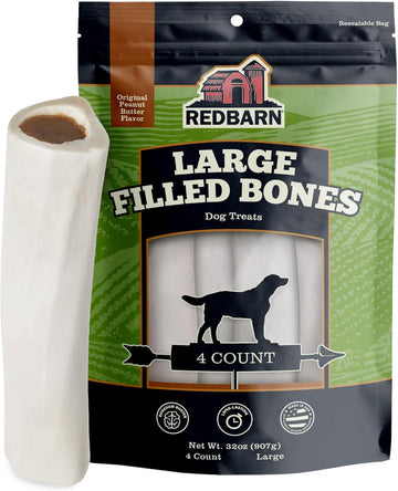 Redbarn Large Filled Dog Bones, Peanut Butter Flavor - Long Lasting Stuffed Femur Chew Treat Made In Usa - 4 Count - Packaging May Vary