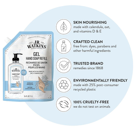 J.R. Watkins Gel Hand Soap Refill, Moisturizing Hand Wash, All Natural, Alcohol-Free, Cruelty-Free, Usa Made, Ocean Breeze, 34 Fl Oz, 3 Pack