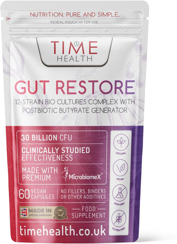 Gut Restore – 12 Strain Probiotic & Postbiotic Butyrate Generator – Microbiomex – Clinically Proven – Advanced Bio Cultures Formula – Vegan Probiotics – Uk Made (60 Count (Pack Of 1))
