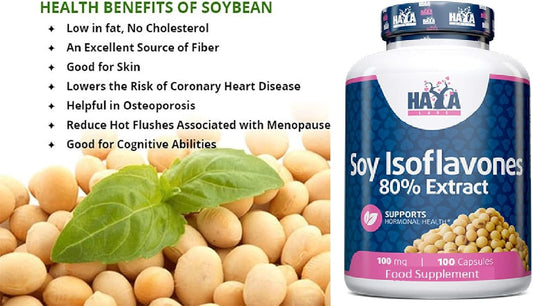 Soya Isoflavones 80% Extract X 100 Capsules Non-Gmo Supports Hormonal Health, Potent One-A-Day Formula Supplement
