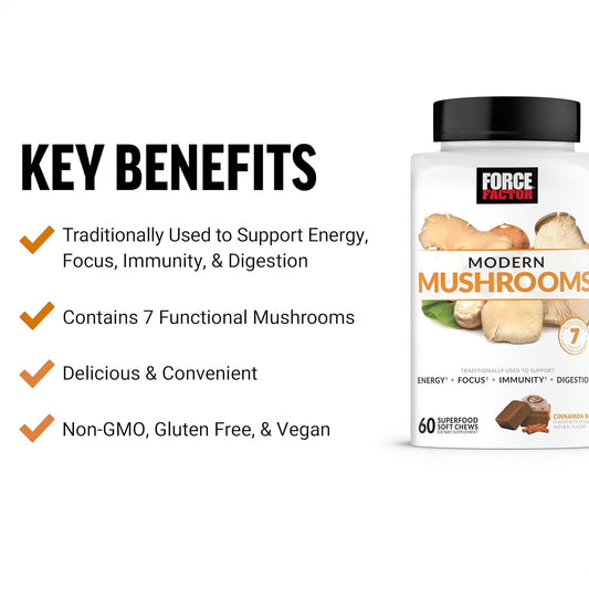Force Factor Modern Mushrooms Soft Chews, Mushroom Supplement With Lions Mane, Turkey Tail, & Cordyceps To Support Energy, Immunity, & Digestion, Cinnamon Roll, 180 Soft Chews, 3-Pack