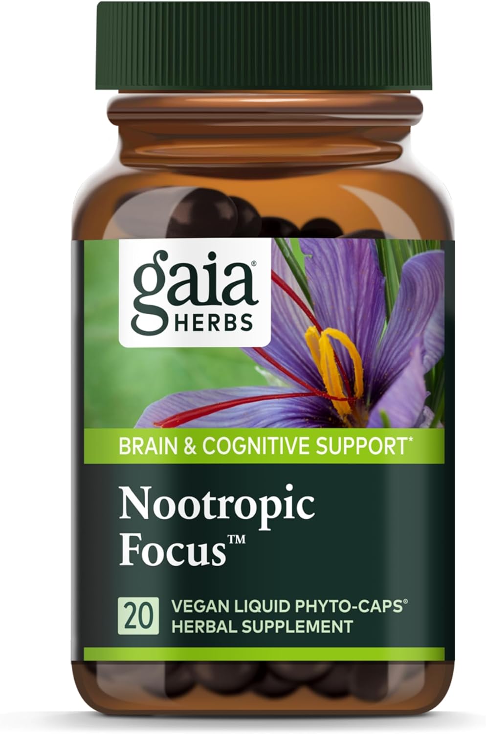 Gaia Herbs Nootropic Focus - Brain & Cognitive Support Supplement To Help Maintain Healthy Concentration* - With Saffron, Lemon Balm & Spearmint - 20 Liquid Phyto-Capsules (Up To 10-Day Supply)