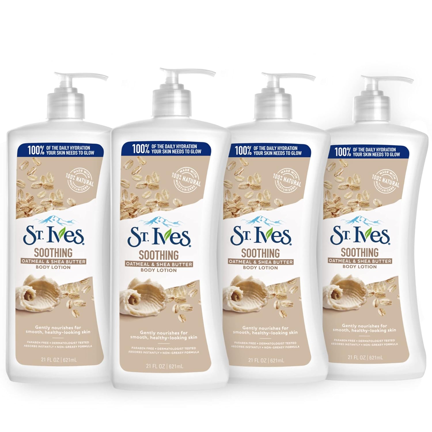 St. Ives Soothing Hand & Body Lotion For Women With Pump, Daily Moisturizer Oatmeal And Shea Butter For Dry Skin, Made With 100% Natural Moisturizers, 21 Fl Oz, 4 Pack