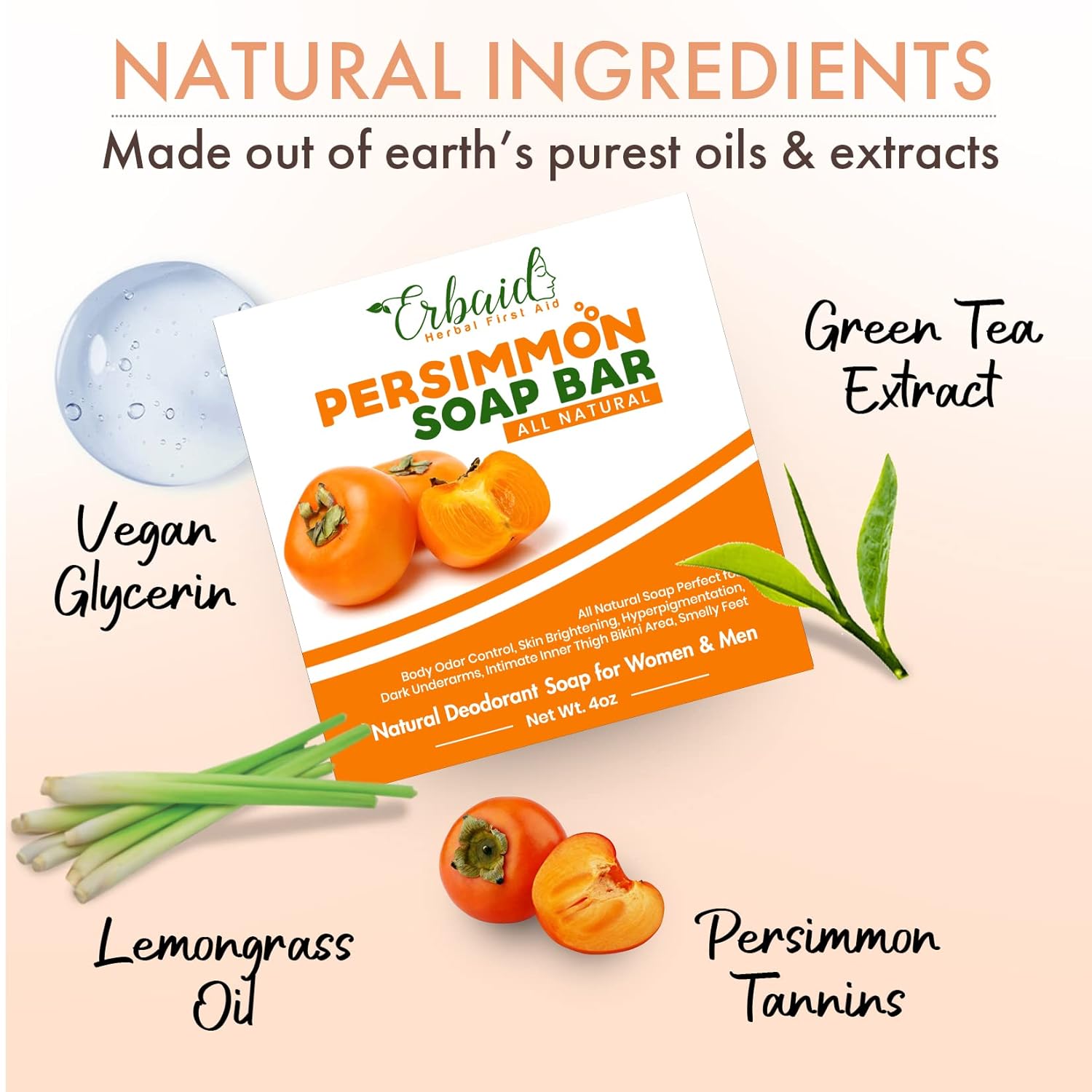 Persimmon Soap Bar For Body Odor Control – Purifying Deodorizing Body Wash With Japanese Persimmon & Green Tea Extract For Eliminating Body Odor – Deodorant Soap For Skin Brightening : Beauty & Personal Care