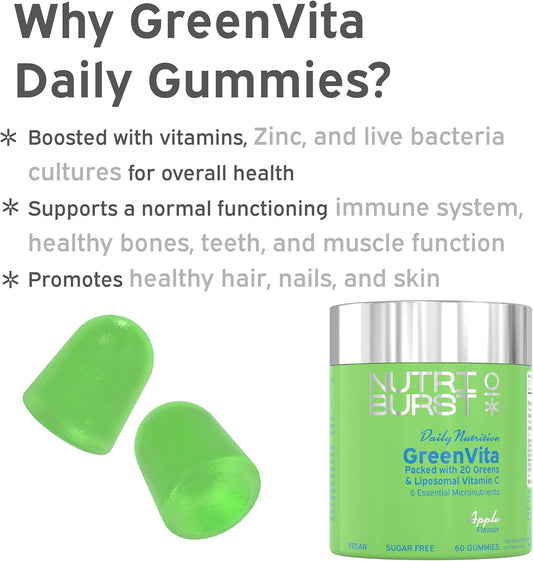 Nutriburst Greenvita Multipack - Vegan Super Greens Blend - Fruit + Veg + 100% Fruiting Bodies Mushrooms + 200 Million Live Bacteria Cultures - Boosted With Vitamins - 3 X 60 Gummies / 3 Month Supply