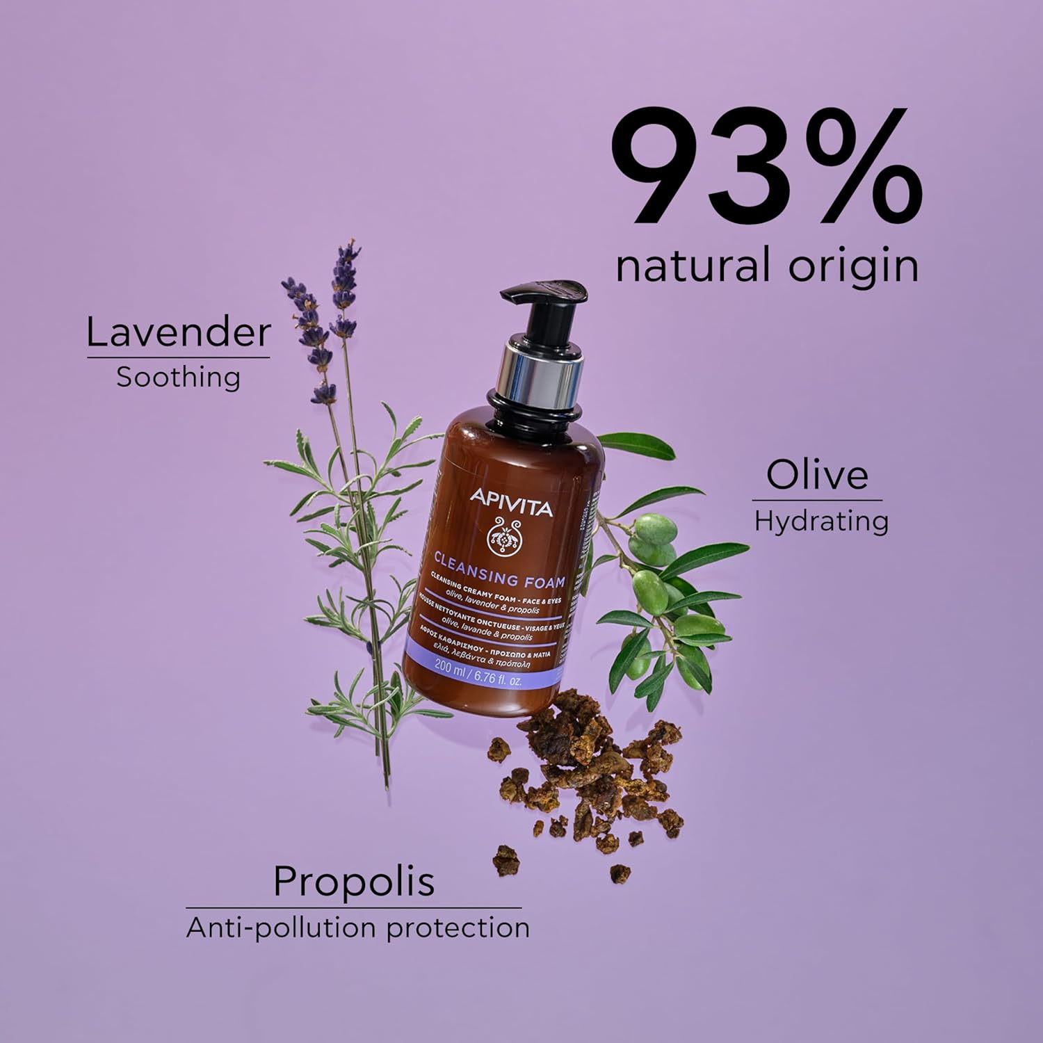Apivita Cleansing Foam | Hydrating & Soothing Cleansing Creamy Foam For Face & Eyes With Olive, Lavender & Propolis, 200 Ml / 6.67 Oz : Beauty & Personal Care