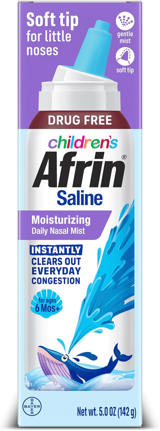 Afrin Moisturizing Children’S Saline Mist For Everyday Nasal Congestion And Dry Nose, Isotonic Seawater Saline Nasal Rinse With Gentle Mist Soft Tip Nozzle, Drug Free Sinus Rinse For Dry Nose, 5 Oz