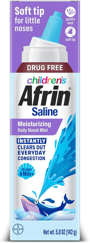 Afrin Moisturizing Children’S Saline Mist For Everyday Nasal Congestion And Dry Nose, Isotonic Seawater Saline Nasal Rinse With Gentle Mist Soft Tip Nozzle, Drug Free Sinus Rinse For Dry Nose, 5 Oz