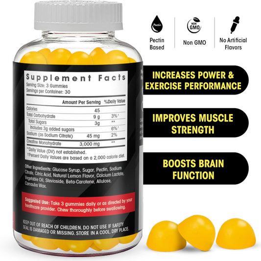 Creatine Gummy Supplement- Lemon Flavored Creatine Monohydrate Pre Workout Chews For Energy Boost, Creatine Supplement For Building Muscle And Strength, Vegan, Non-Gmo 90 Count
