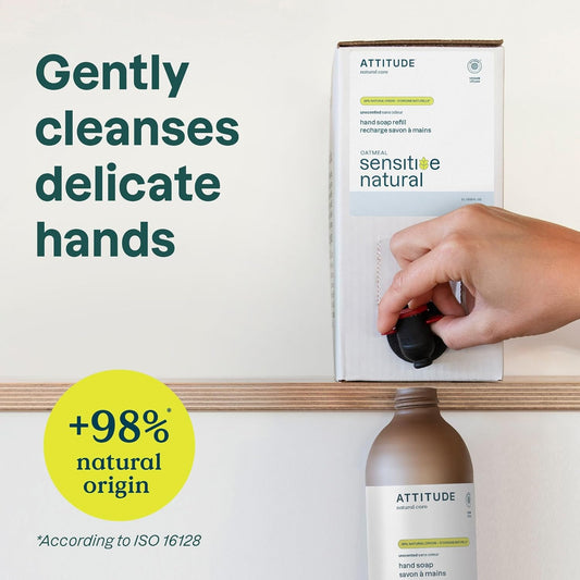 Attitude Gentle Hand Soap For Sensitive Skin, Ewg Verified, Enriched With Oats, Dermatologically Tested, Vegan, Unscented, Bulk Refill, 67.6 Fl Oz