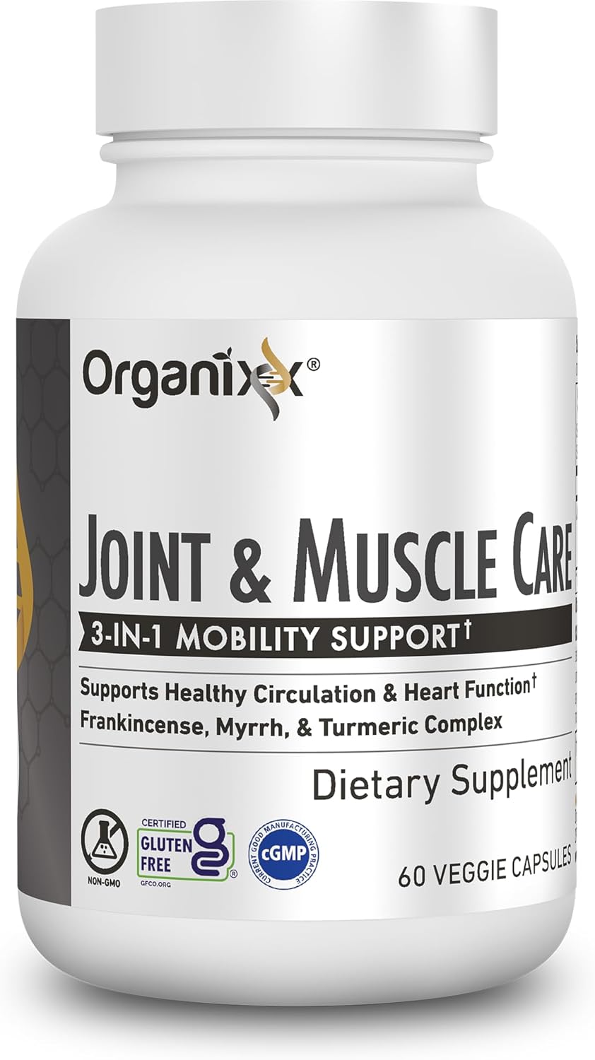 Organixx Joint & Muscle Care Organic Turmeric Supplement, 3-In-1 Frankincense, Turmeric And Myrrh Joint Health & Joint Support Supplement Body Care Capsules, Supports Swelling, Tension, 60 Capsules