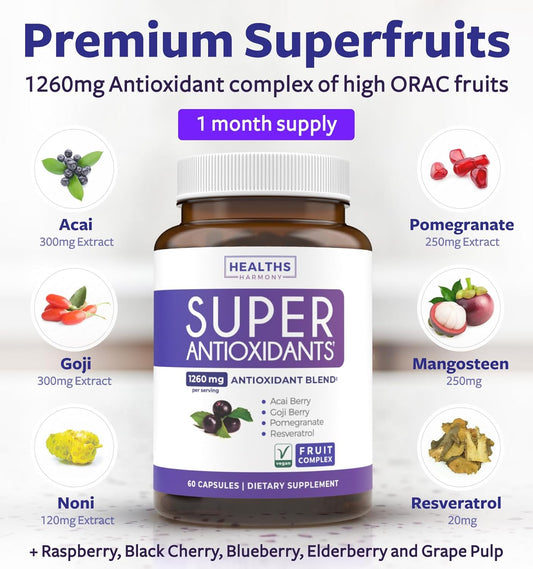 Super Antioxidants Supplement - Powerful Super Food Antioxidant Daily Blend - Acai Berry, Goji, Pomegranate & Trans Resveratrol - Herbal And Fruit Formula For Women And Men - Skin Care - 120 Capsules