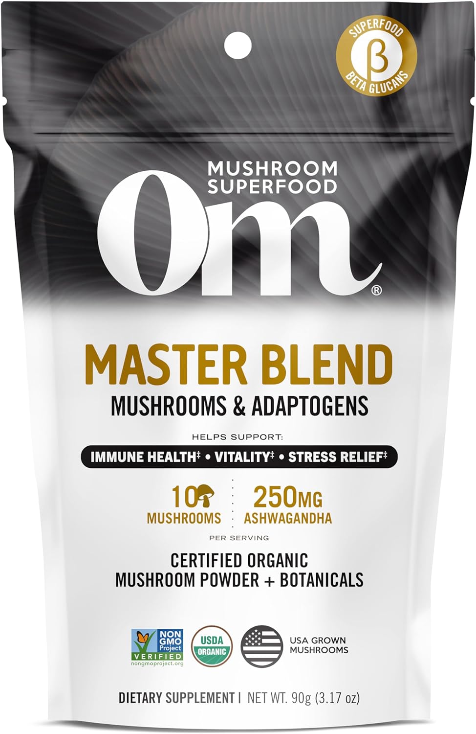 Om Mushroom Master Blend Powder, Reishi & Lions Mane, 3.17 Oz (Presentation May Vary)