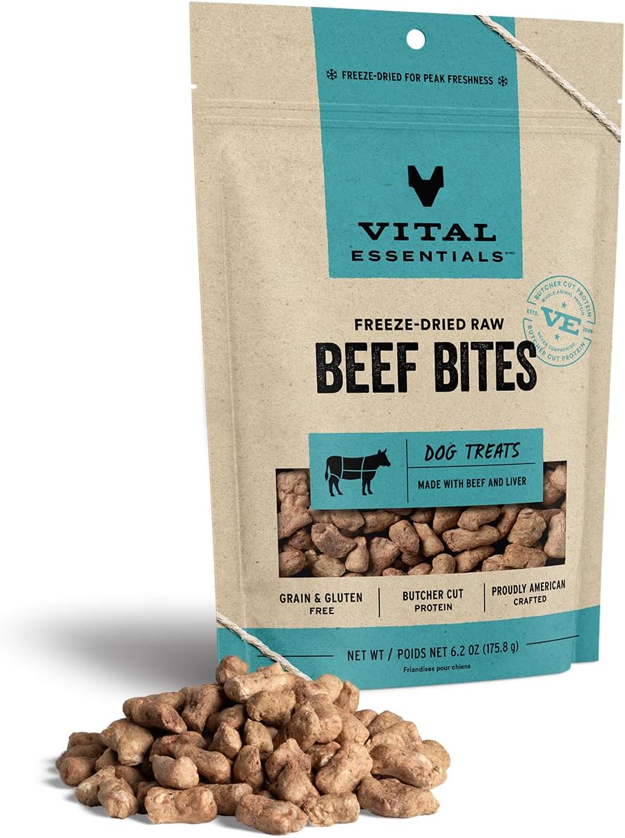 Vital Essentials Freeze Dried Raw Whole Animal Dog Treats, Beef Bites, 6.2 Oz