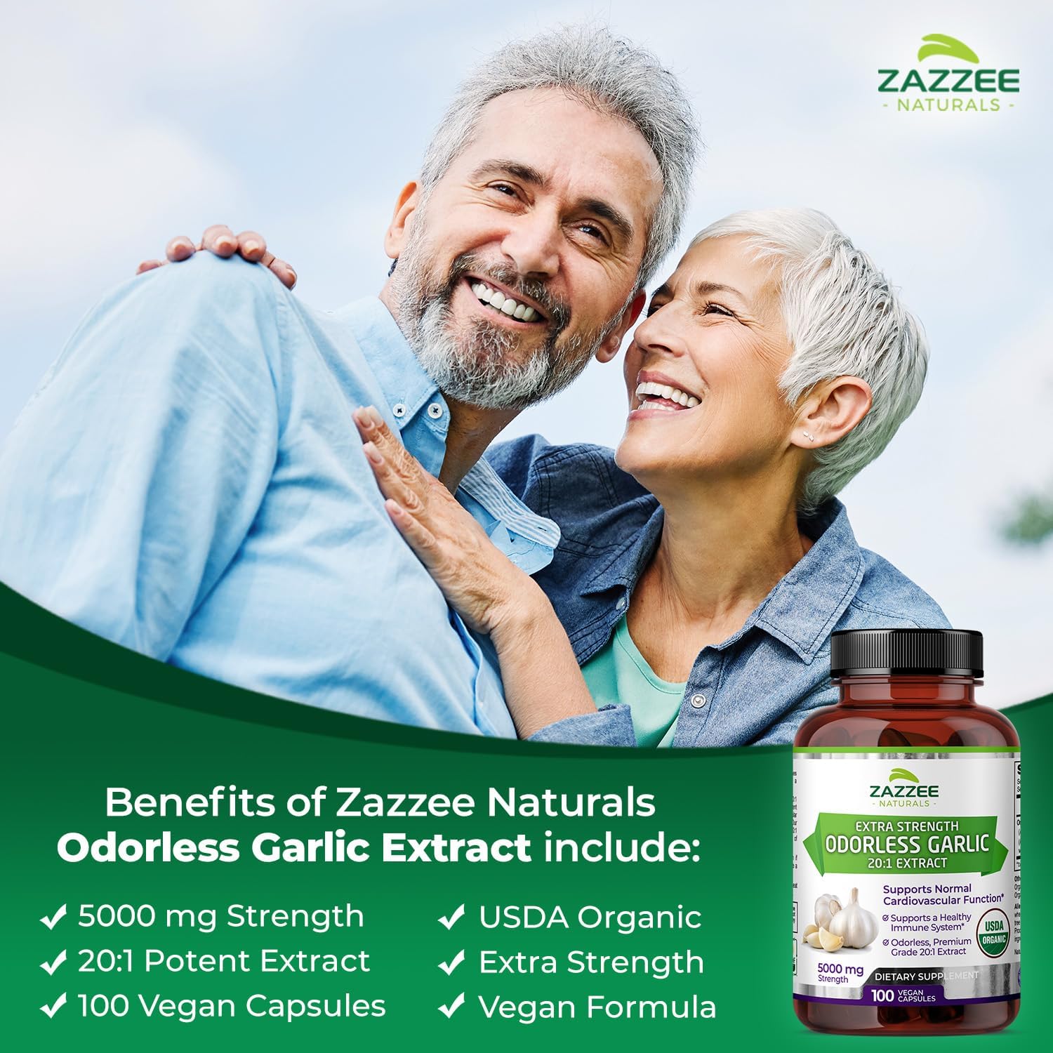 Zazzee USDA Organic Odorless Garlic 20:1 Extract, 5000 mg Strength, 100 Vegan Capsules, 3+ Month Supply, Standardized, Concentrated 20X Extract, 100% Vegetarian, All-Natural, Non-GMO, Made in The USA : Health & Household