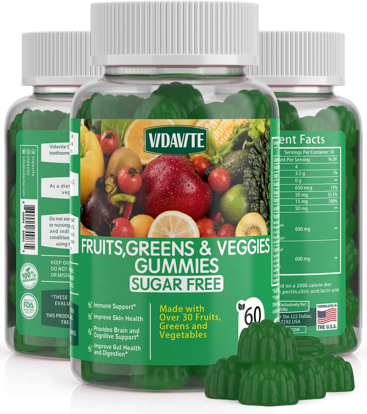 Sugar-Free Fruit and Veggie Gummies ? 35+ Greens, Fruit and Vegetable Vitamins to Boost Immunity, Skin & Gut Health ? Ideal Fruit and Vegetable Supplement for Adults & Kids (60 Gummies)