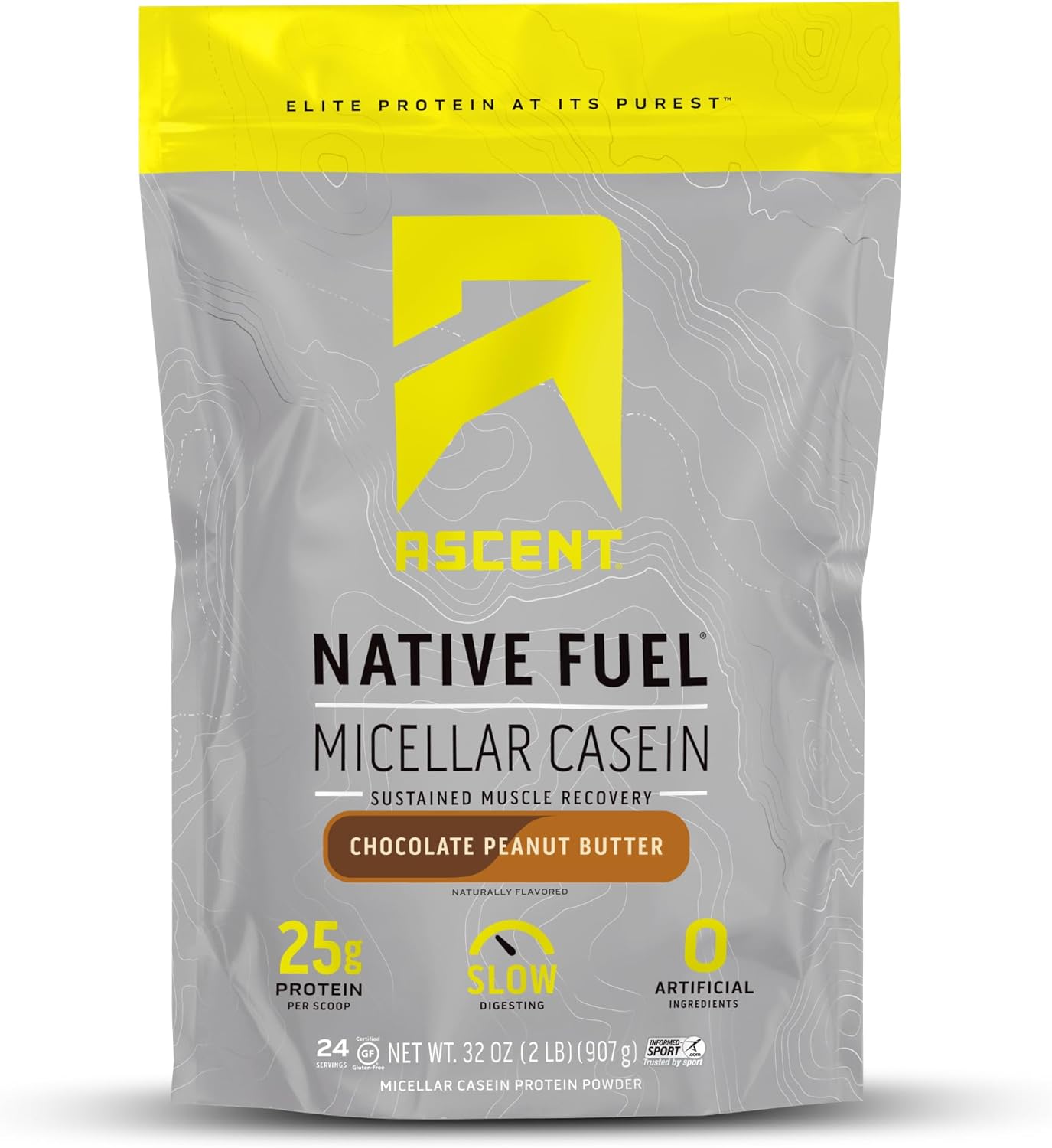 Ascent Casein Protein Powder - 25g Micellar Casein Powder with Zero Artificial Flavors & Sweeteners, Gluten Free, No Added Sugar, 4.9g BCAA, 2.2g Leucine - Chocolate Peanut Butter, 2 Pounds