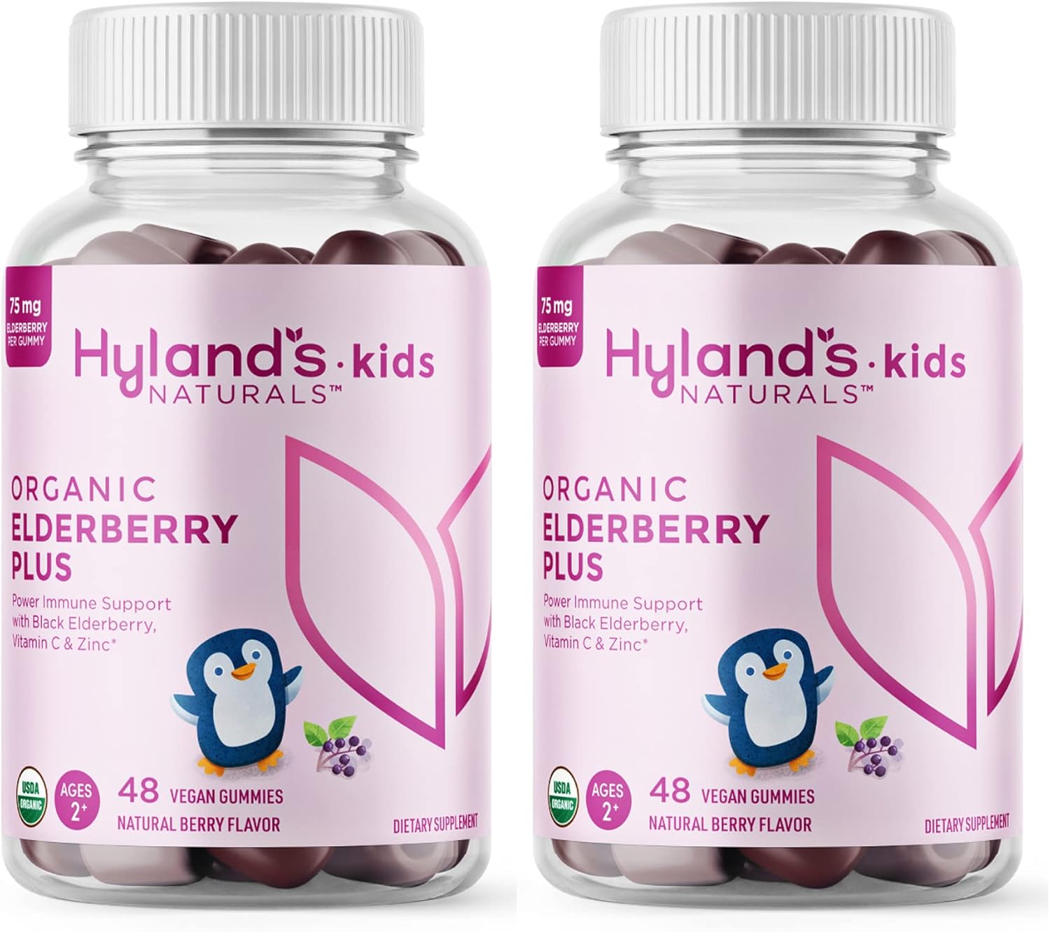 Hyland'S Naturals Kids Organic Elderberry Plus Gummies, Organic Black Elderberry With Zinc And Vitamin C, Immune Support For Children, 48 Vegan Gummies (2 Pack)