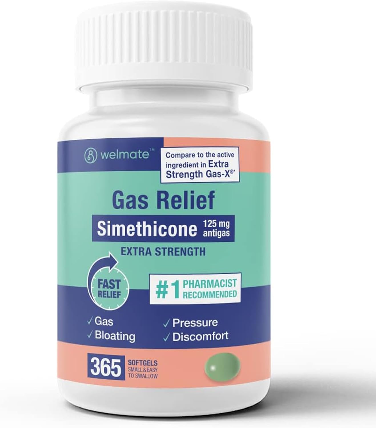 Welmate | Gas Relief | Simethicone 125Mg Softgels | Extra Strength | Ibs, Gas, Bloating, Pressure, & Discomfort Support For Women & Men | Fast Acting Stomach Support | 365 Softgels