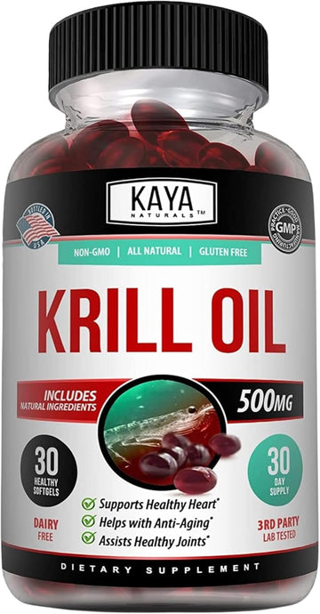 Kaya Naturals - Antarctic Krill Oil 500Mg With Omega 3, Epa, Dha And Astaxanthin Supplement - Brain, Heart And Joint Health Vitamin - Heart Health Supplement - 30 Sofftgels