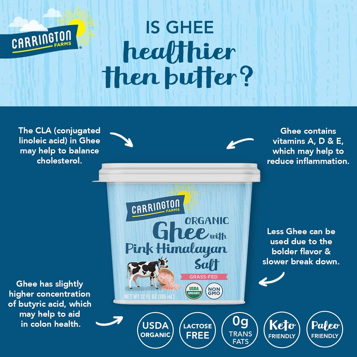 Usda Certified Organic Grass Fed Ghee With Himalayan Salt, 12Oz, Carrington Farms
