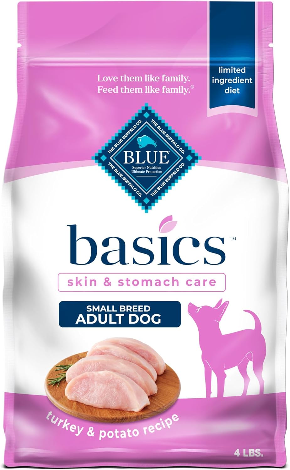 Blue Buffalo Basics Adult Small Breed Dry Dog Food For Skin & Stomach Care, Limited Ingredient Diet, Made In The Usa With Natural Ingredients, Turkey & Potato Recipe, 4-Lb. Bag