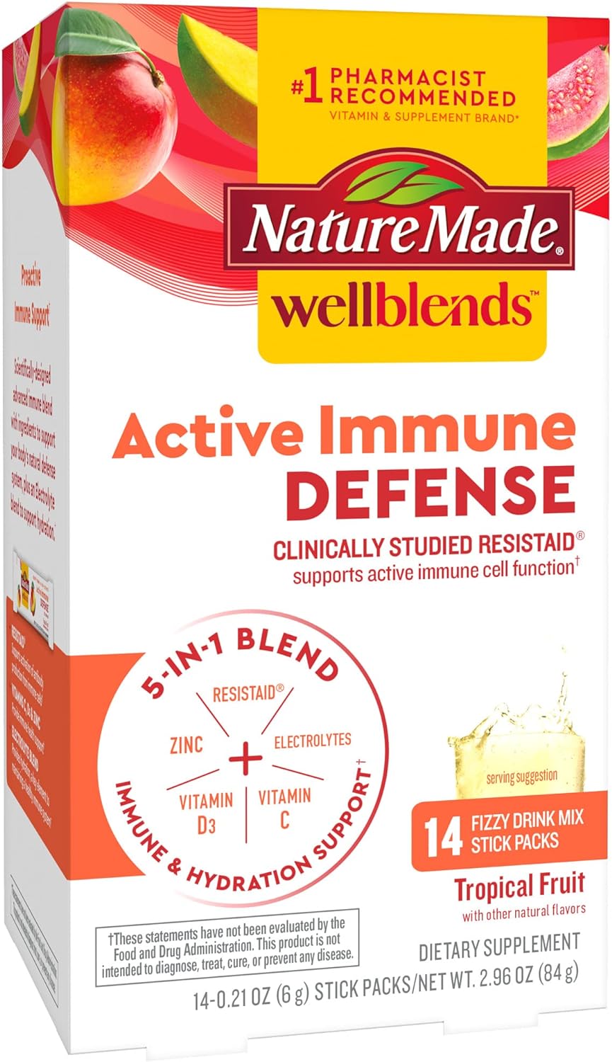 Nature Made Wellends Active Immune Defense Fizzy Drink Mix, Resistaid, Vitamin C 500Mg, Vitamin D 1000 Iu, Zinc, And Electrolytes Powder, 14 Stick Packs