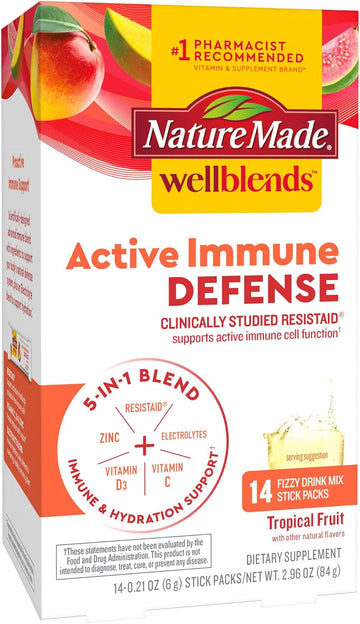 Nature Made Wellends Active Immune Defense Fizzy Drink Mix, Resistaid, Vitamin C 500Mg, Vitamin D 1000 Iu, Zinc, And Electrolytes Powder, 14 Stick Packs