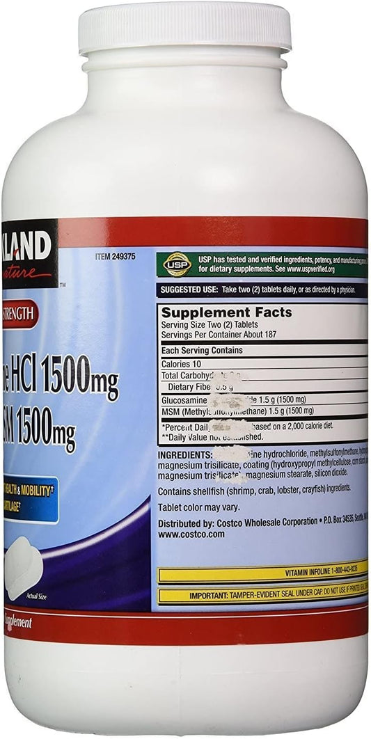 Kirkland Signature Extra Strength Glucosamine HCI 1500mg, With MSM 1500 mg, 375-Count Tablets (Multi Pack of 2)