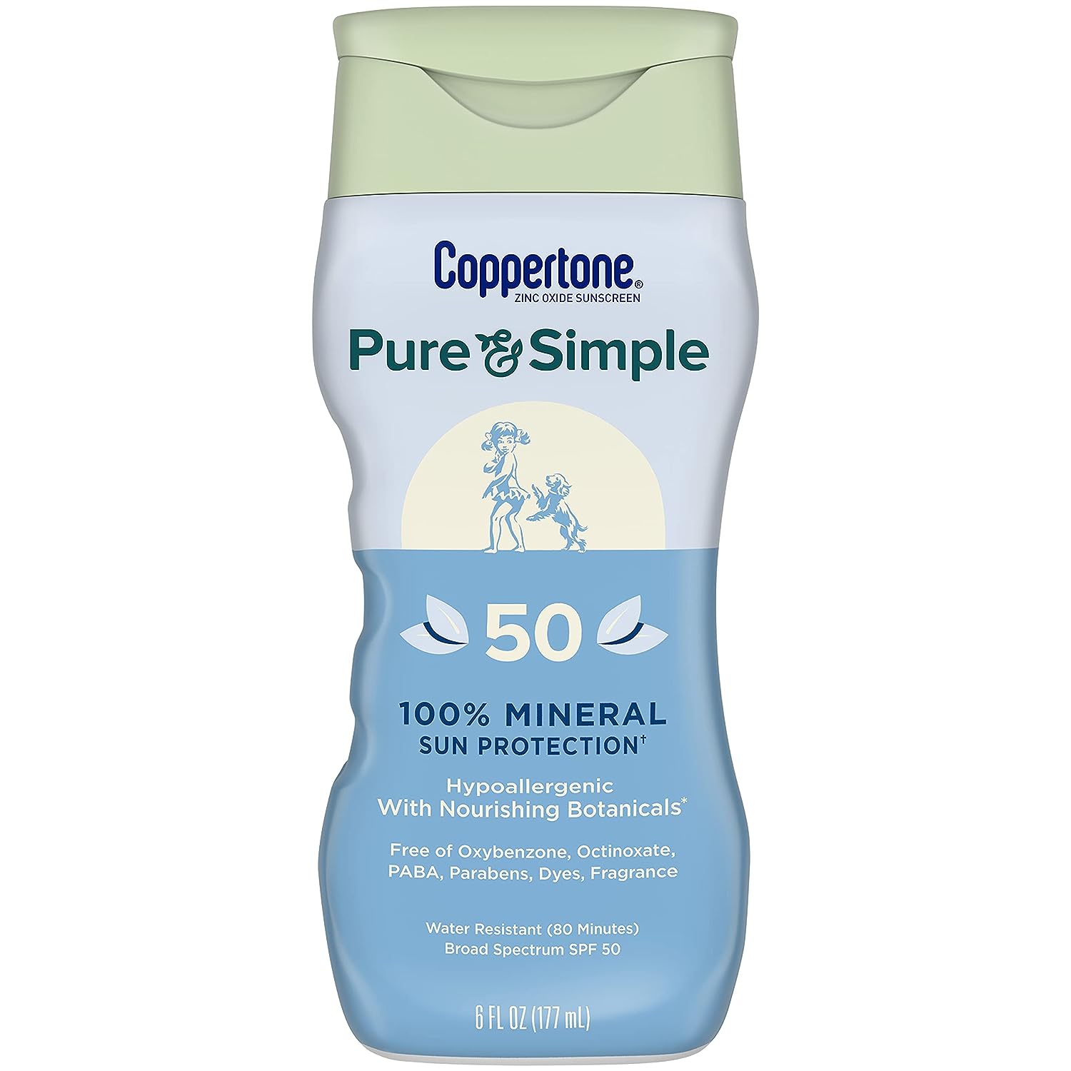 Coppertone Pure and Simple Zinc Oxide Mineral Sunscreen Lotion SPF 50, Body Sunscreen, Water Resistant, Broad Spectrum SPF 50 Sunscreen for Sensitive Skin, 6 Fl Oz Bottle