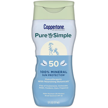 Coppertone Pure And Simple Zinc Oxide Mineral Sunscreen Lotion Spf 50, Body Sunscreen, Water Resistant, Broad Spectrum Spf 50 Sunscreen For Sensitive Skin, 6 Fl Oz Bottle