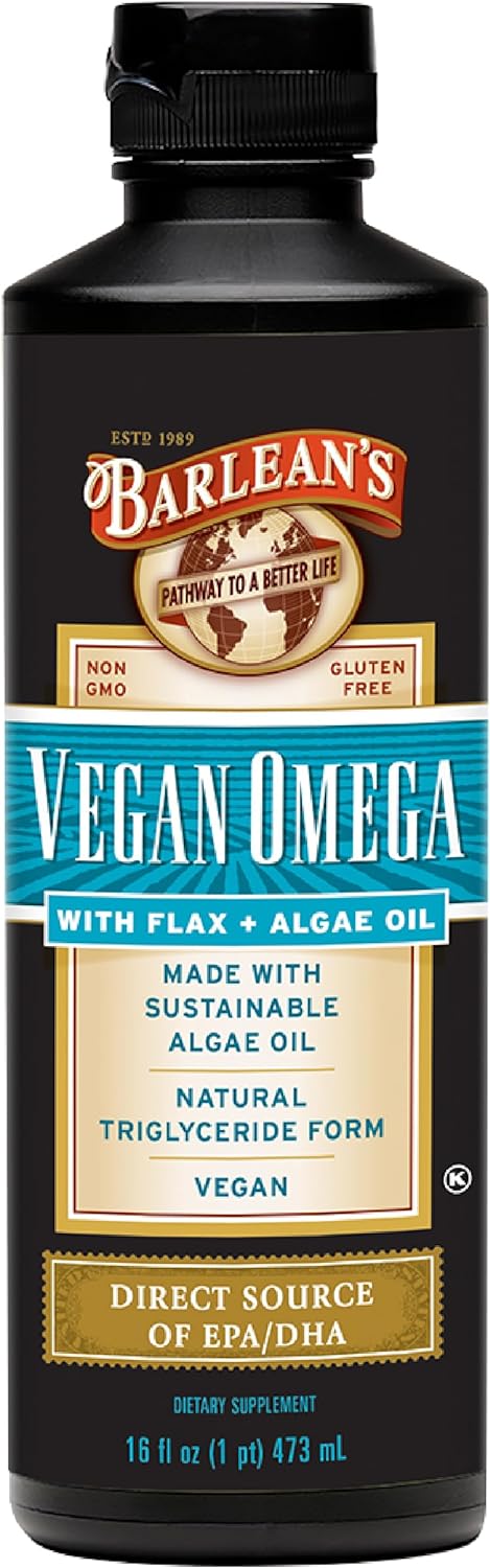 Barlean's Vegan Omega Liquid Flax and Algae Oil Plant Based EPA DHA Su