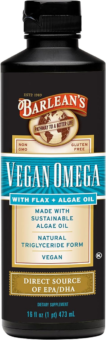 Barlean'S Vegan Omega Liquid Flax And Algae Oil Plant Based Epa Dha Supplement From Algal Oil And Organic Flaxseed, Omegas 3 6 And 9 Fatty Acid Supplements, 16 Ounces