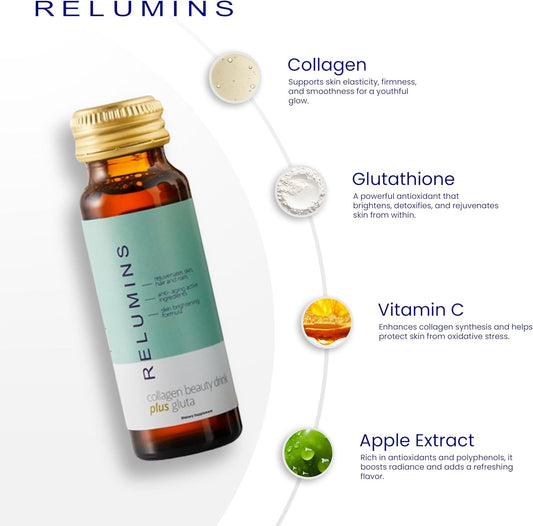Relumins Advance Rejuvenating Collagen Beauty Drink With Glutathione, Hyaluronic, Coq10, Egcg, Resveratrol & More - Fight Signs Of Aging With All-Natural Ingredients - Apple Flavor- Ten 50Ml Drinks