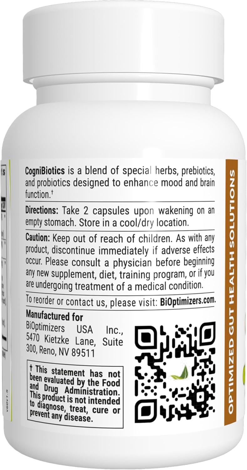 Bioptimizers Cognibiotics Probiotic Brain Supplement - Helps Support Mood, Better Focus, Memory, Mental Clarity - 60 Capsules