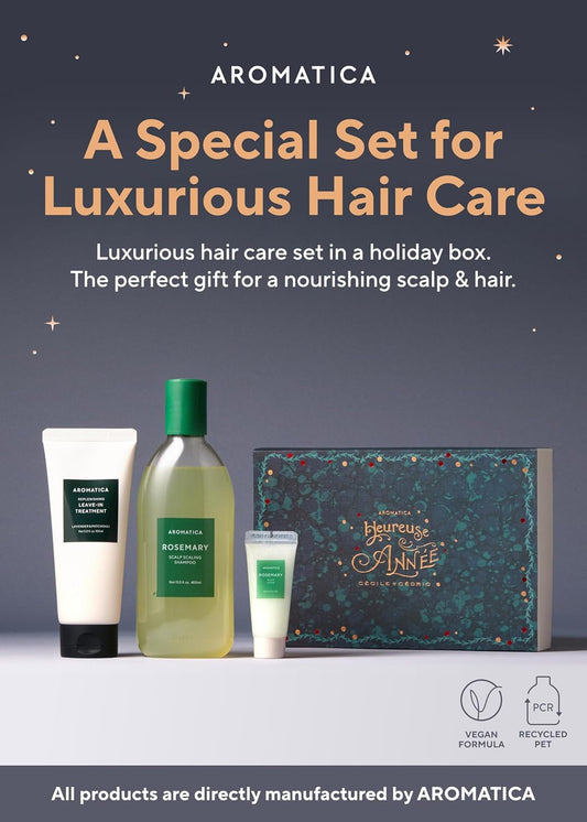 Aromatica Rosemary Hair Care Gift Set - Shampoo For Hair Growth & Heat Protection Leave In Treatment & Scalp Treatment - Hair Care Kit For Women, Mothers Day Gifts