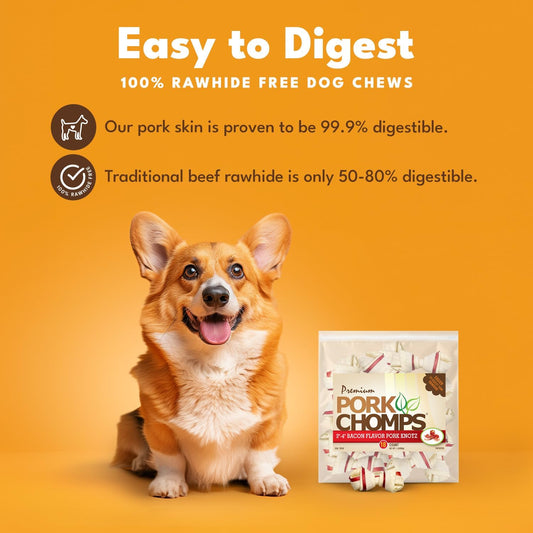 Pork Chomps Baked Pork Skin Dog Chews, 3-Inch Knots, With Bacon Flavor Strip, 18 Count