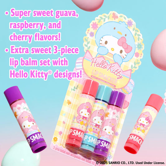 Lip Smacker Hello Kitty Lip Balm Trio, Adorable Sanrio Collectible, Moisturizing & Nourishing Fruity Flavors, Guavalicious Day, Raspberry Roll, Cherry Sweet- Blue
