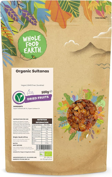 Wholefood Earth Organic Sultanas – 500 G | Vegan | Gmo Free | Sundried | Certified Organic
