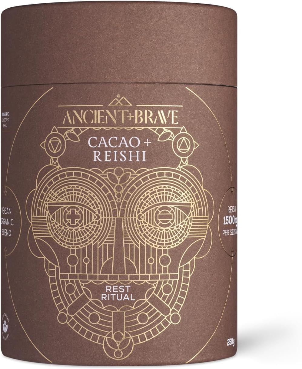 Ancient + Brave Cacao + Reishi 250G Tub - High Grade Nutritious Raw Cacao, Reishi Mushroom, Baobab And Chicory - Smooth Chocolate Blend - Stress Reducing