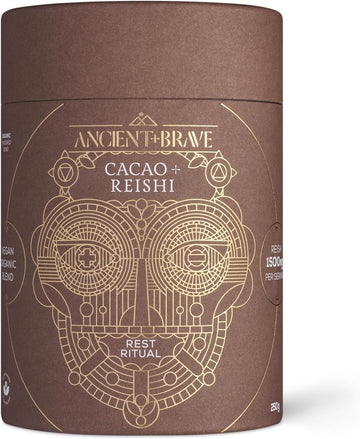 Ancient + Brave Cacao + Reishi 250G Tub - High Grade Nutritious Raw Cacao, Reishi Mushroom, Baobab And Chicory - Smooth Chocolate Blend - Stress Reducing