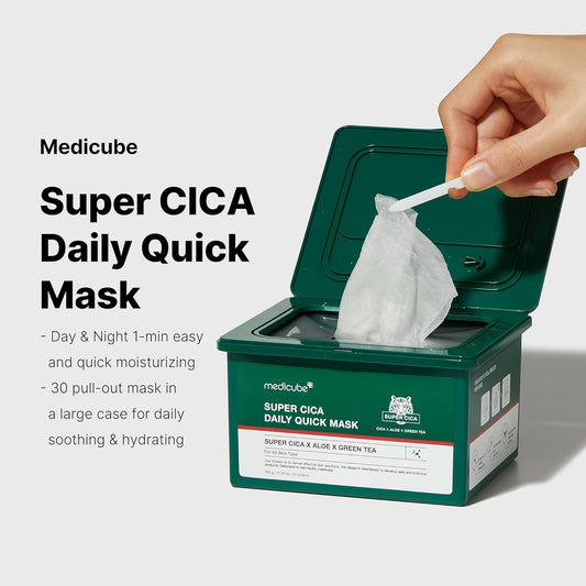 Medicube Super Cica Daily Quick Facial Masks (30 Sheets) - 60-Second Soothing & Hydrating Facial Mask With 88% Cica, Instant Cooling & Moisturization - 100% Vegan Certified, Korean Skincare