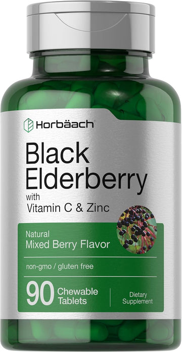 Horbaach Sambucus Elderberry, Vitamin C And Zinc Chewable Tablets | 90 Count | Immune Support Complex | Vegetarian, Non-Gmo, And Gluten Free Supplement