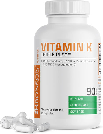 Bronson Vitamin K Triple Play (Vitamin K2 Mk7 / Vitamin K2 Mk4 / Vitamin K1) Full Spectrum Complex Vitamin K Supplement, 90 Capsules