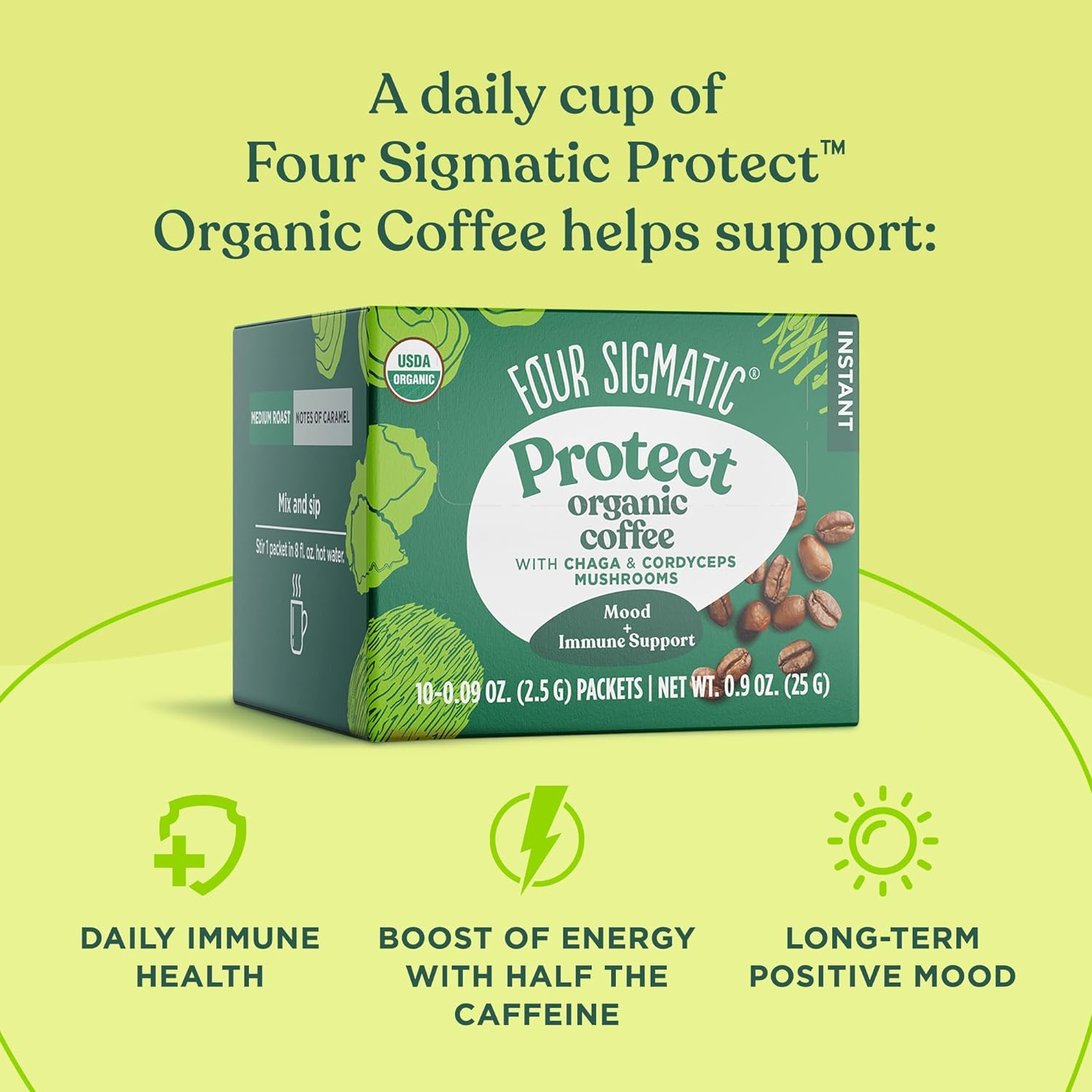 Organic Instant Coffee Powder by Four Sigmatic | Arabica Instant Coffee Singles with Cordyceps, Chaga and Eleuthero | Mushroom Coffee Instant Mix for Better Focus and Immune Support | 10 Packets : Grocery & Gourmet Food