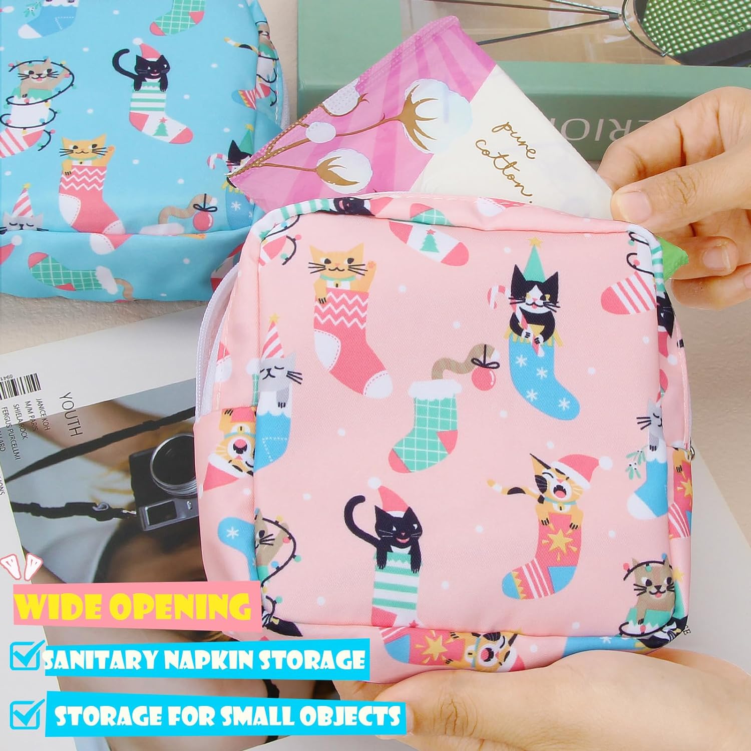 Desing Wish Period Bag Sanitary Napkin Storage Bag for Feminine Pads Panty Liners Tampons and Reusable Pads, Sanitary Pads Pouches First Period Kit for Teen Girls/Women 2 Pack (Pink/Blue Socks Cats) : Health & Household