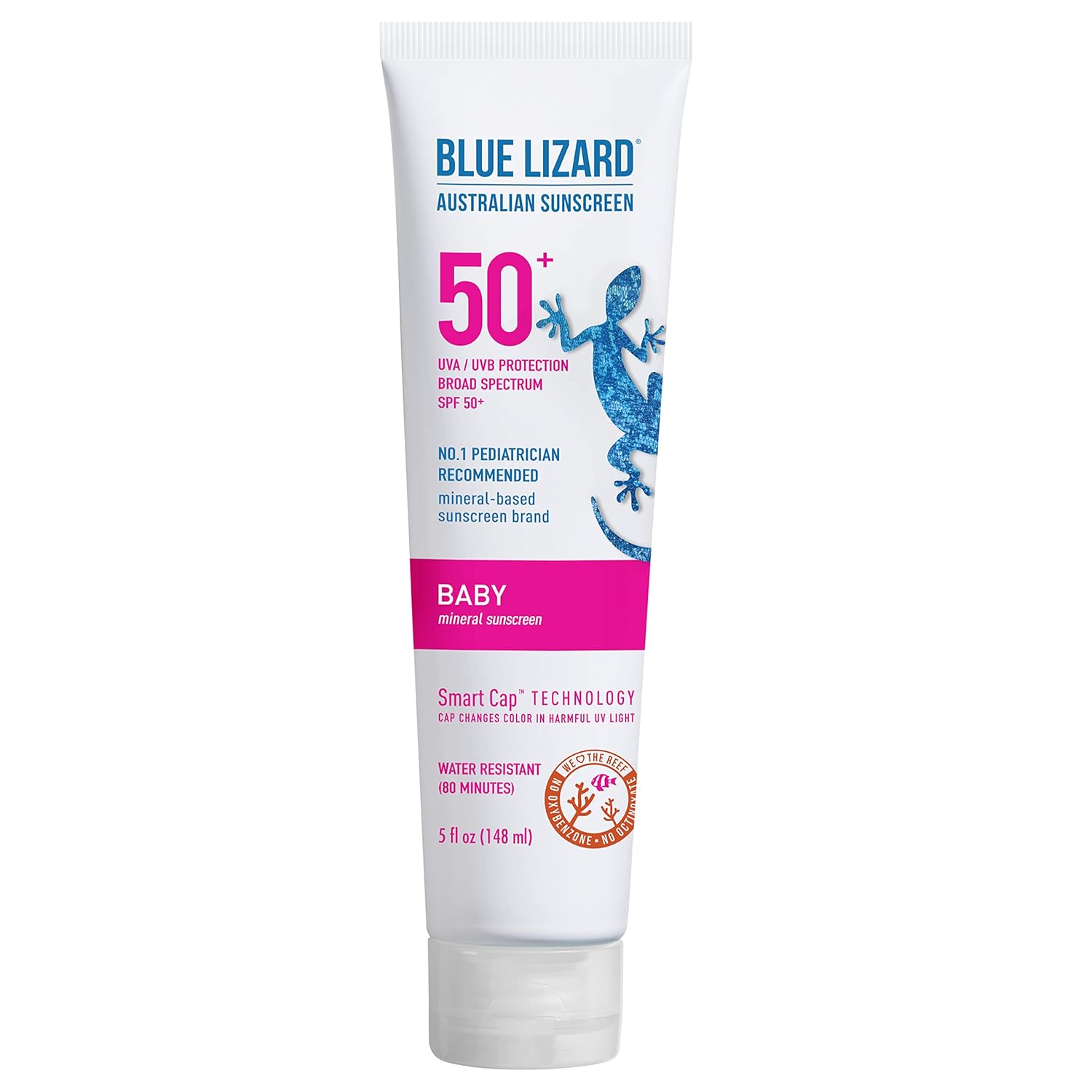 Blue Lizard Baby Mineral Sunscreen With Zinc Oxide, Spf 50+, Water Resistant, Uva/Uvb Protection With Smart Cap Technology - Fragrance Free, 5 Oz. Tube