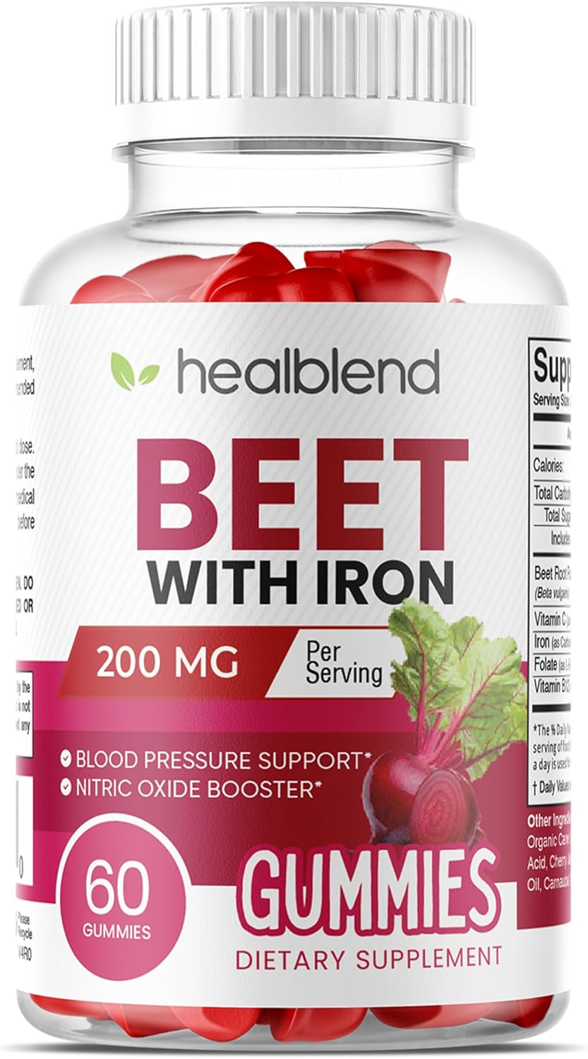 Healblend Beet Root Gummies 200Mg - Nitric Oxide Booster Beets With Iron For Heart Health, Circulation & Healthy Blood Pressure Support, Natural Flavored - 60 Gummy (1)