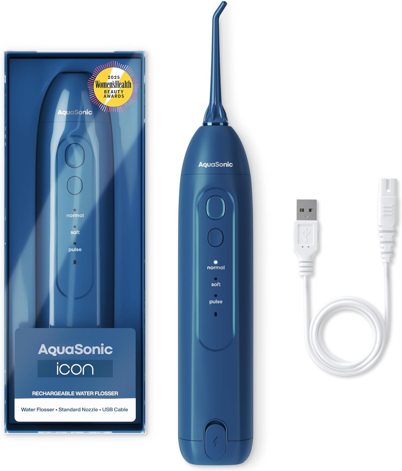 Aquasonic Icon Water Flosser For Teeth – Cordless Rechargeable Oral Irrigator – Waterproof, Portable Dental Cleaning With Jet Tip – Braces Home Travel - Navy
