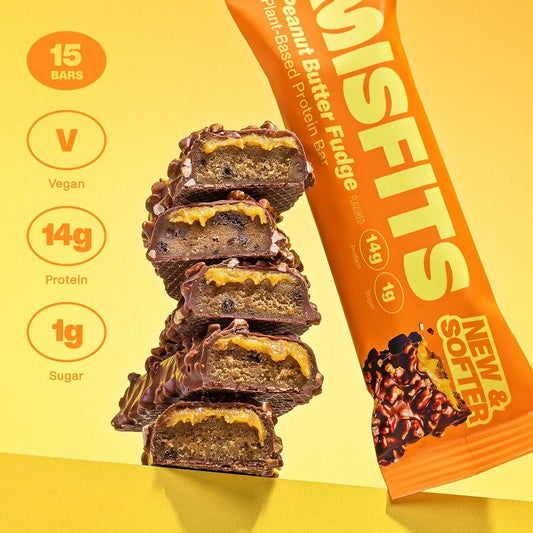 Misfits Vegan Protein Bar, Peanut Butter Fudge, Plant Based Low Sugar, High Protein Snacks With 15G Protein Per Bar, Low Carb, 1G Sugar, High Fibre, Healthy Snack, 15 X 50G Bars (Vegan)